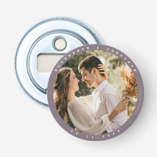Moderne, minimalistische Paarse grijze foto-bruilo Button Flesopener
