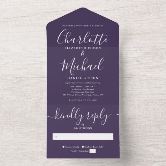 Moderne minimalistische Paarse script bruiloft all All In One Uitnodiging (Binnen)