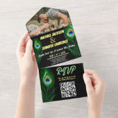 Moderne minimalistische Peacock Feather foto bruil All In One Uitnodiging (Afscheurbaar)