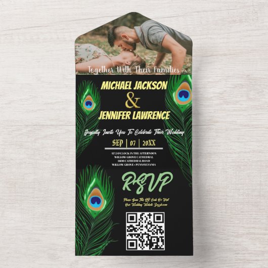 Moderne minimalistische Peacock Feather foto bruil All In One Uitnodiging (Binnen)