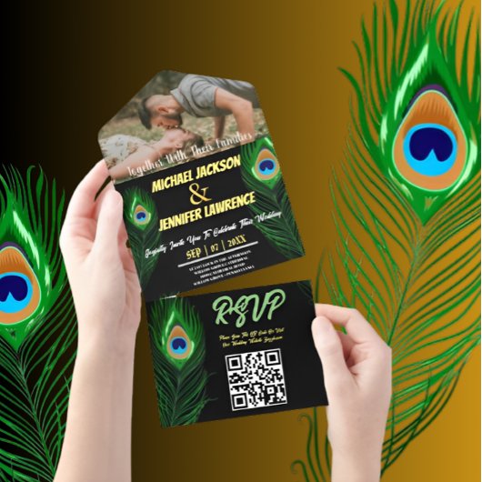 Moderne minimalistische Peacock Feather foto bruil All In One Uitnodiging