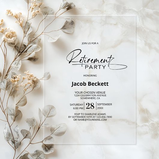 Moderne minimalistische pensioenpartij acryl uitnodigingen