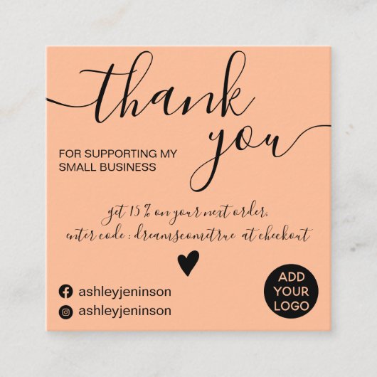 Moderne minimalistische perzik bestelling dank u vierkante visitekaartje (Voorkant)