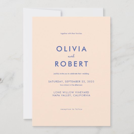 Moderne minimalistische perzik blauwe bruiloft kaart (Voorkant)