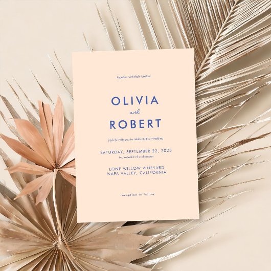 Moderne minimalistische perzik blauwe bruiloft kaart