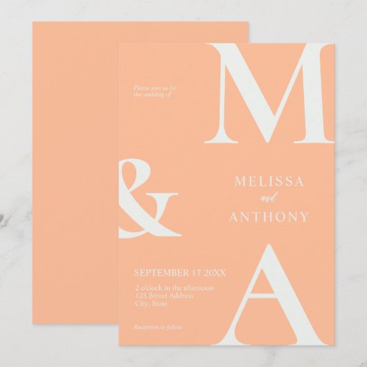 Moderne minimalistische perzik bruiloft kaart (Voorkant / Achterkant)