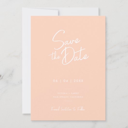 Moderne Minimalistische Perzik Script Foto Trouw S Save The Date (Voorkant)