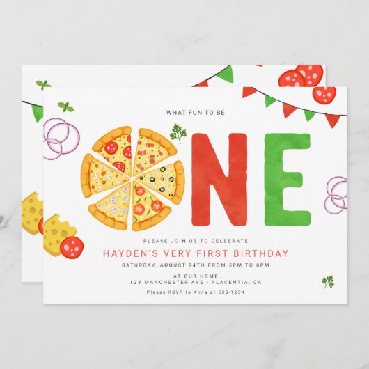 Moderne minimalistische Pizza Party Eerste Verjaar Kaart (Voorkant / Achterkant)