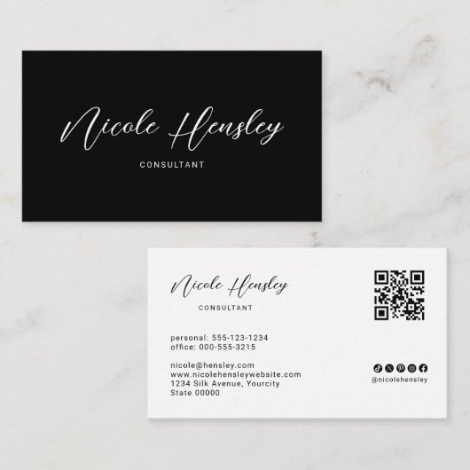 Moderne Minimalistische QR-code Chic Zwart & Wit Visitekaartje (Voorkant / Achterkant)