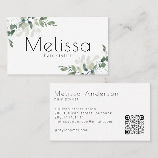 Moderne minimalistische QR-code Eucalyptus Visitekaartje (Voorkant / Achterkant)