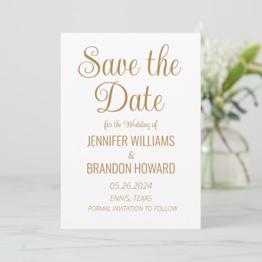 Moderne minimalistische QR-code Gold Elegant Weddi Save The Date (Staand voorkant)