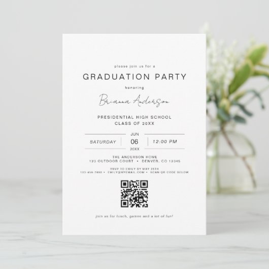 Moderne minimalistische QR Code Graduation Party Kaart (Staand voorkant)