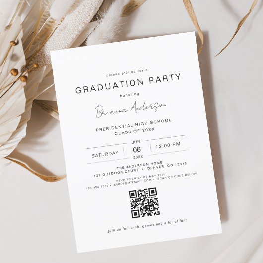 Moderne minimalistische QR Code Graduation Party Kaart