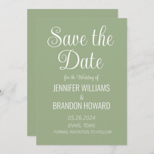 Moderne minimalistische QR-code Sage Green Wedding Save The Date (Voorkant / Achterkant)