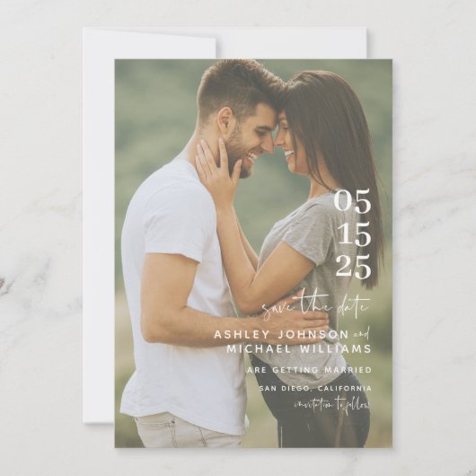 Moderne minimalistische QR Code Script bruiloft Save The Date (Voorkant)