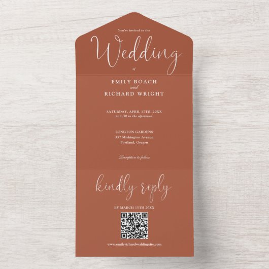 Moderne minimalistische QR-code Terracotta Wedding All In One Uitnodiging (Binnen)
