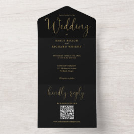 Moderne Minimalistische QR-code Zwarte en Gouden B All In One Uitnodiging