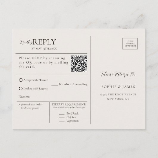 Moderne minimalistische QR-codekalligrafie RSVP Briefkaart (Voorkant)