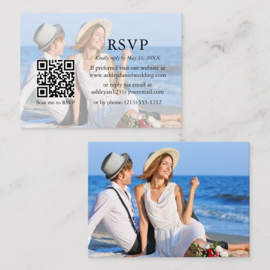 Moderne minimalistische QR RSVP Overlay Photo Informatiekaartje (Voorkant / Achterkant)