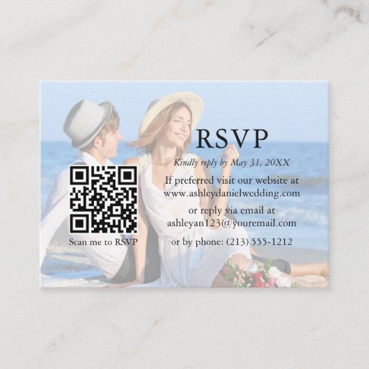 Moderne minimalistische QR RSVP Overlay Photo Informatiekaartje (Voorkant)