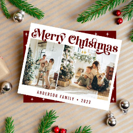 Moderne minimalistische retro kerst twee foto maro feestdagenkaart