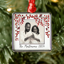 Moderne minimalistische rode bessen kerstfoto metalen ornament