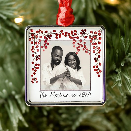 Moderne minimalistische rode bessen kerstfoto metalen ornament