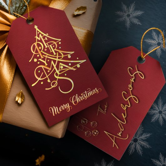 Moderne minimalistische rode en gouden kerstvakant cadeaulabel