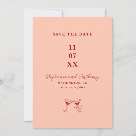 Moderne minimalistische rode en koraal bruiloft save the date (Voorkant)