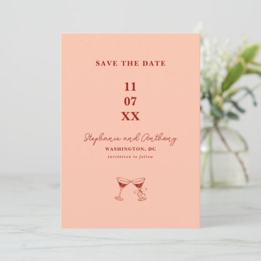 Moderne minimalistische rode en koraal bruiloft save the date (Staand voorkant)