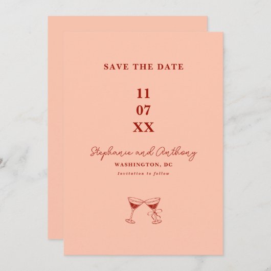 Moderne Minimalistische Rode en Koraalrode Trouwda Save The Date (Voorkant / Achterkant)