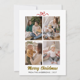 Moderne Minimalistische Rode Strik voor 4 Foto's P Feestdagenkaart