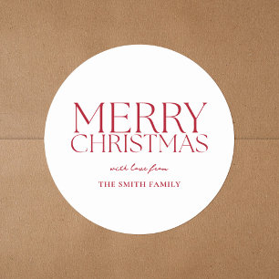 Moderne minimalistische rode vrolijke kerst ronde sticker