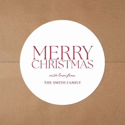 Moderne minimalistische rode vrolijke kerst ronde sticker