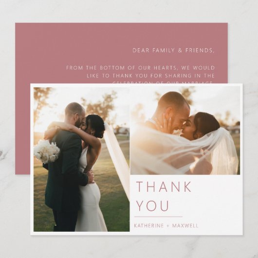 Moderne, minimalistische Roos bruiloft foto Bedankkaart (Voorkant / Achterkant)