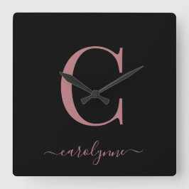 Moderne minimalistische Roos Gold Monogram Script- Vierkante Klok