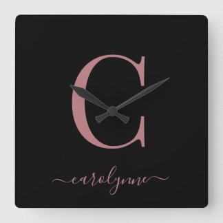Moderne minimalistische Roos Gold Monogram Script- Vierkante Klok