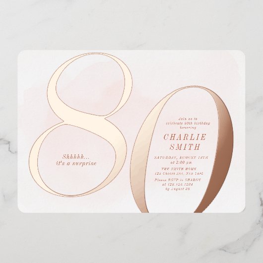 Moderne, minimalistische roos goud 80e verjaardag folie uitnodiging (Voorkant)