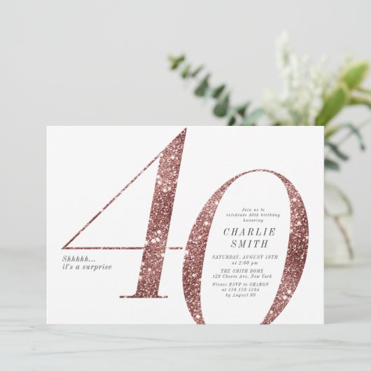 Moderne minimalistische roos gouden glitter 40e ve kaart (Staand voorkant)