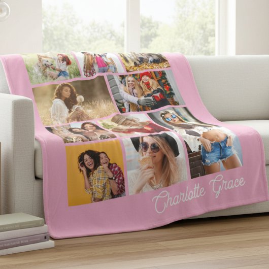 Moderne Minimalistische Roze 10 Foto Collage Met N Fleece Deken