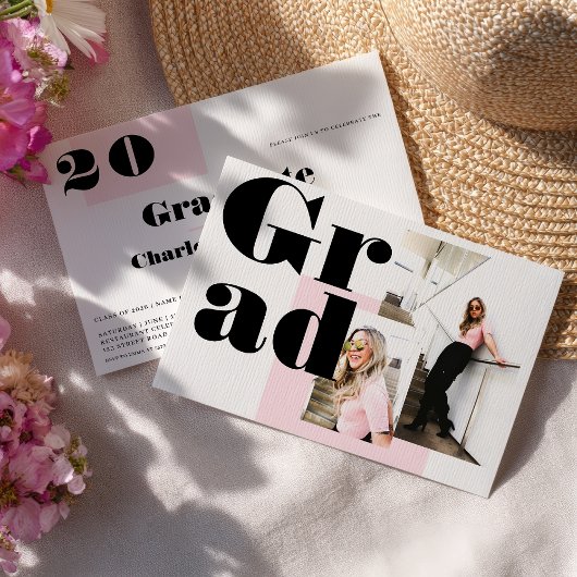 Moderne minimalistische roze 2 foto's afstuderen kaart