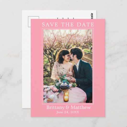 Moderne minimalistische roze Blush Save the Date Briefkaart (Voorkant / Achterkant)