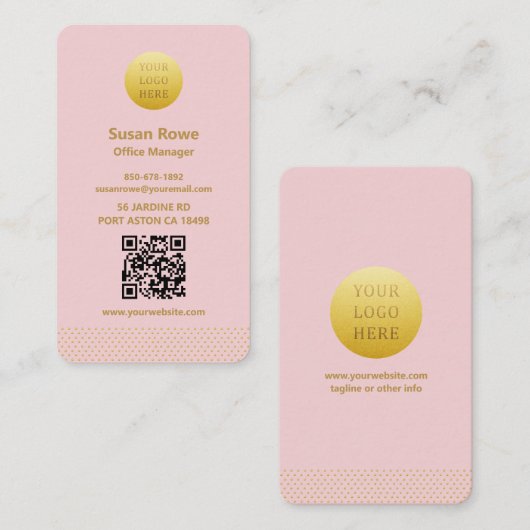 Moderne minimalistische roze en gouden stippen QR- Visitekaartje (Voorkant / Achterkant)