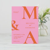 Moderne minimalistische roze en Oranje bruiloft Kaart (Staand voorkant)