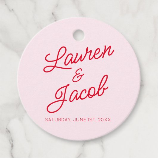 Moderne minimalistische roze en rode bruiloft bedankjes labels (Voorkant)