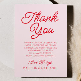 Moderne minimalistische roze en rode bruiloft bedankkaart