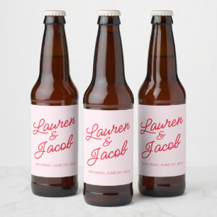 Moderne minimalistische roze en rode bruiloft bier etiket