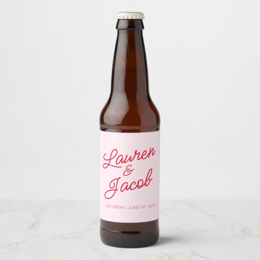 Moderne minimalistische roze en rode bruiloft bier etiket (Voorkant)