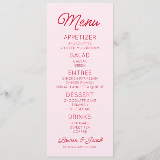 Moderne minimalistische roze en rode bruiloft menu (Voorkant)