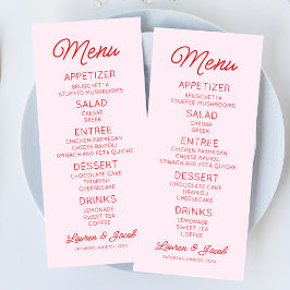 Moderne minimalistische roze en rode bruiloft menu
